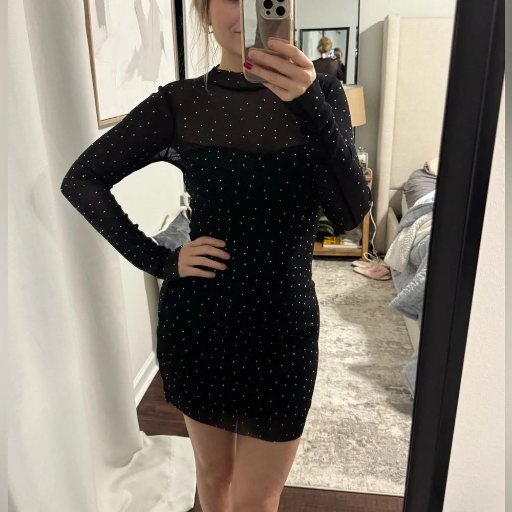 Elegant Black Sheer Bodycon Rhinestone Sparkle Party NYE Holiday Birthday Dress - Picture 7 of 8